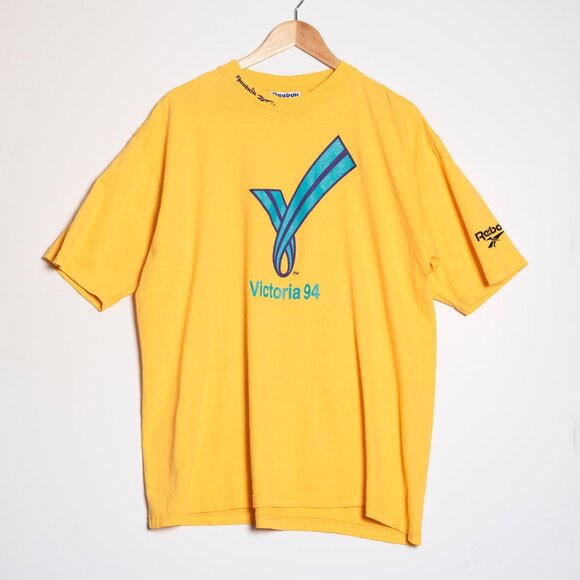 Vintage 90s Reebok Mens Victoria Commonwealth Games T Shirt Yellow - Picture 1 of 9